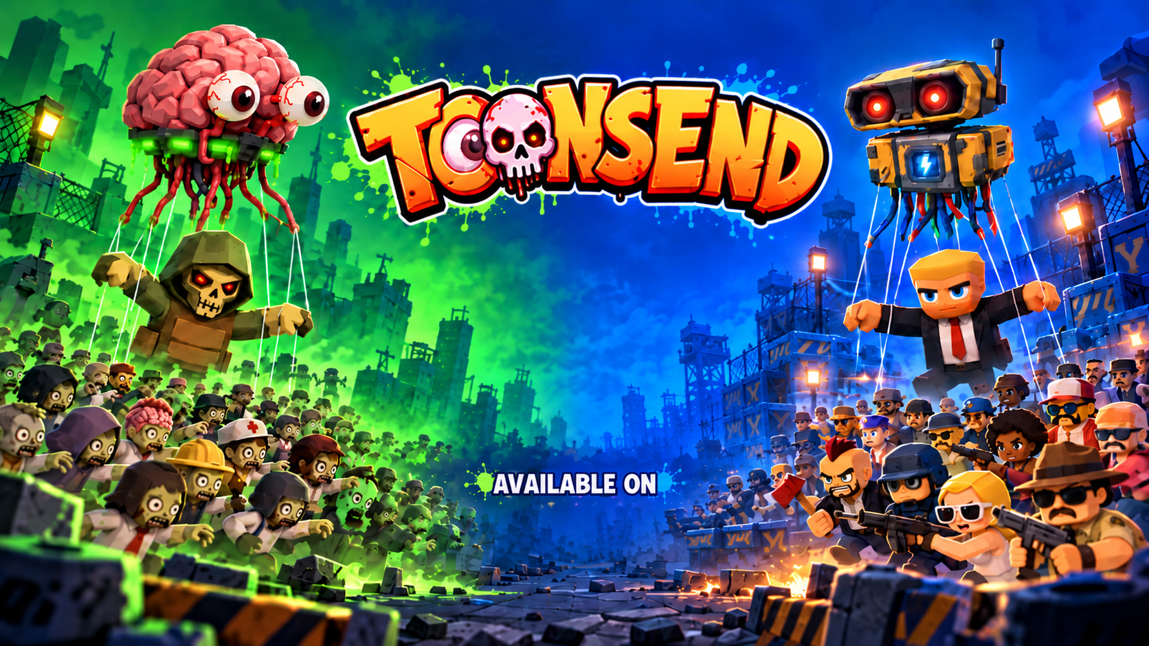 ToonsEnd artwork showing humans and zombies facing off beneath the ToonsEnd logo